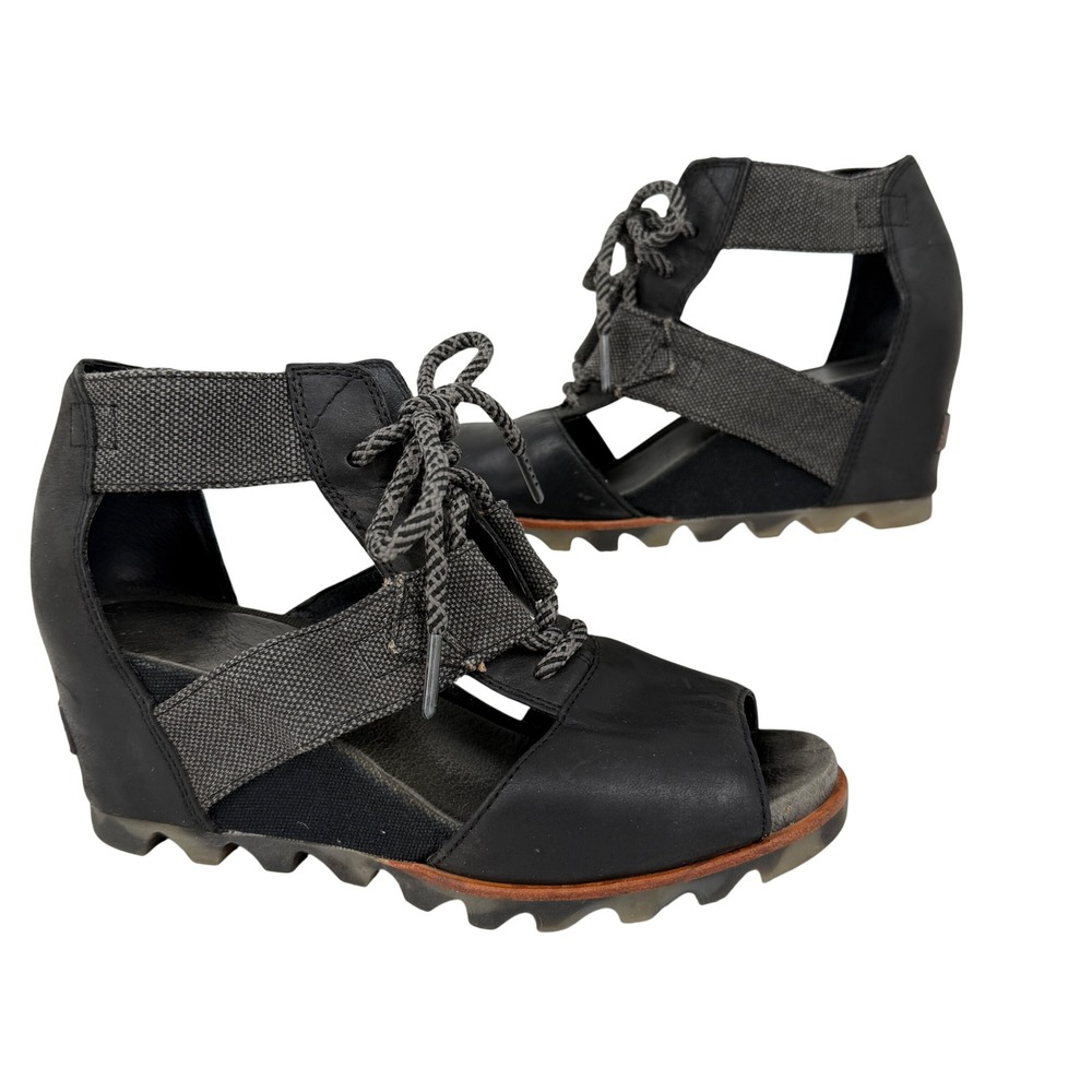 Sorel Joanie Lace Wedge Sandals Women 8.5 Black Leather Canvas NL2224-010